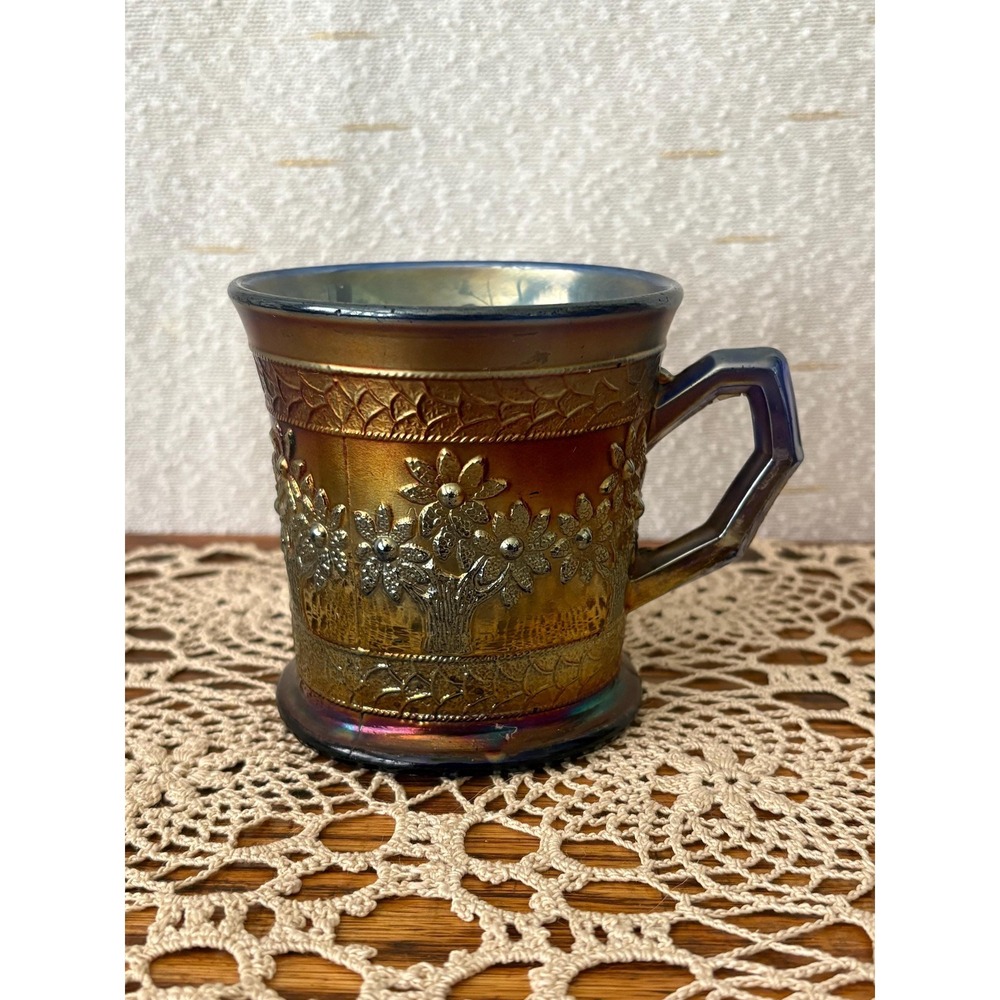 Antique Carnival Glass Mug Marigold Daisy Floral Cobalt Blue Base 3.5 Inch